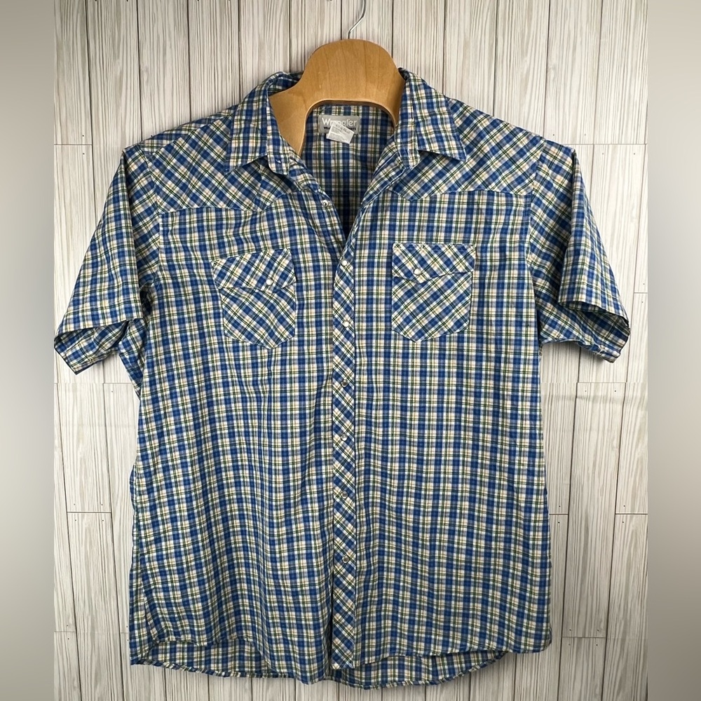 Wrangler Men’s Blue Plaid Short Sleeve Pearl Snap Button Up Shirt Size 2XT